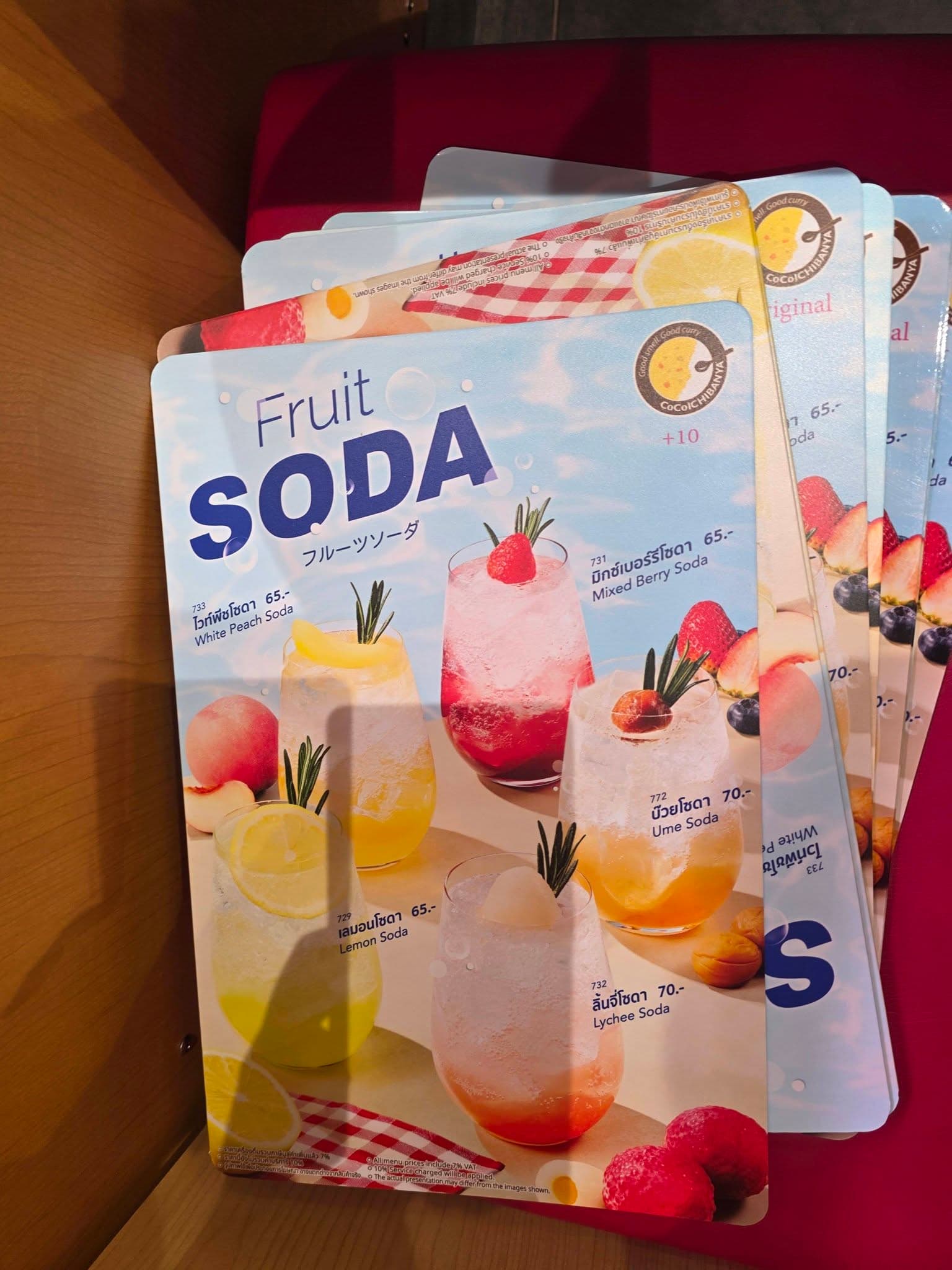 แผ่นเมนูเครื่องดื่ม Fruit Soda ร้าน CoCo ICHIBANYA พิมพ์สีคมชัดพร้อมไดคัทมุมมน